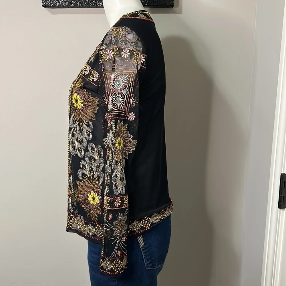 Sundance Beaded and Embroidered Floral Black Top Mesh Sleeve Shirt Sz S